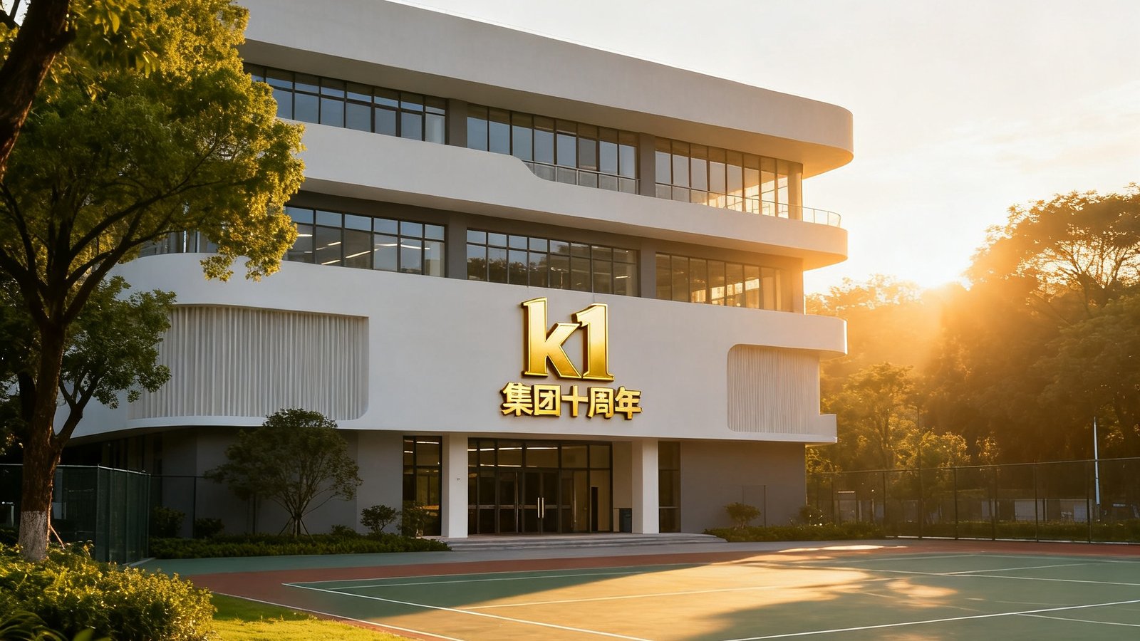k1集团综合性体育训练中心建筑外观，现代化的三层场馆坐落在绿树环绕的园区内，入口处悬挂着集团十周年金色标志，清晨阳光洒满整个训练场